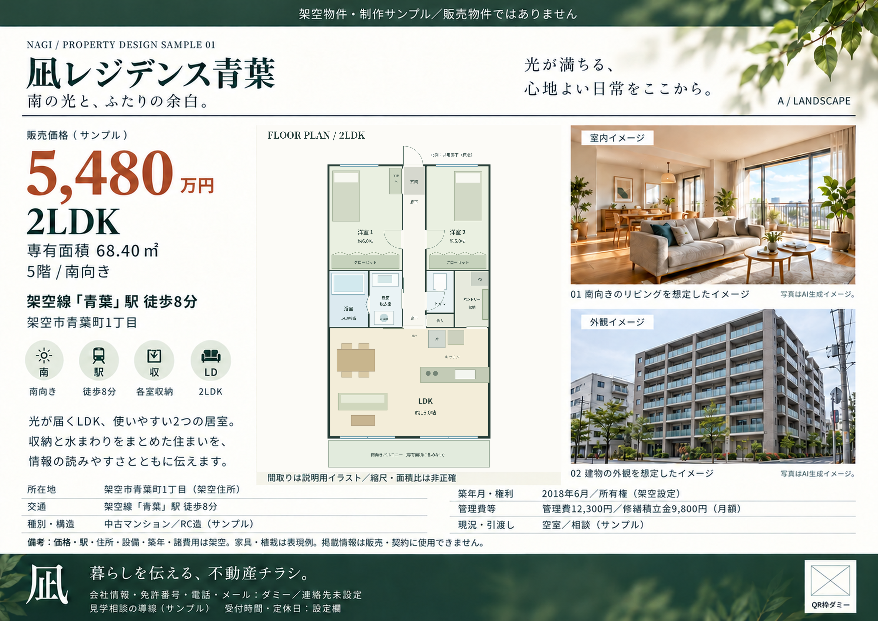 架空の制作サンプルA：価格と間取りを整理した横型チラシ。写真はAI生成。